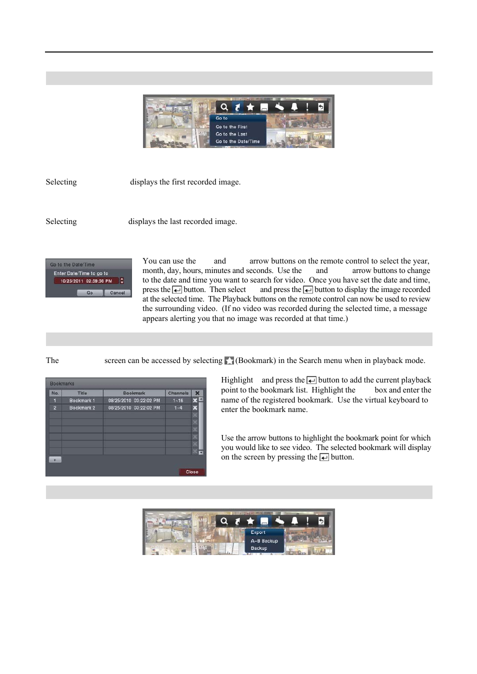 Go to, Bookmarks, Export | Revo R16DVR4 User Manual | Page 45 / 56