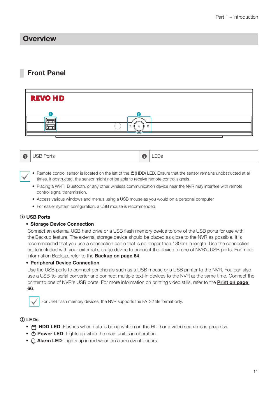 Overview, Front panel | Revo NVR User Manual | Page 11 / 82