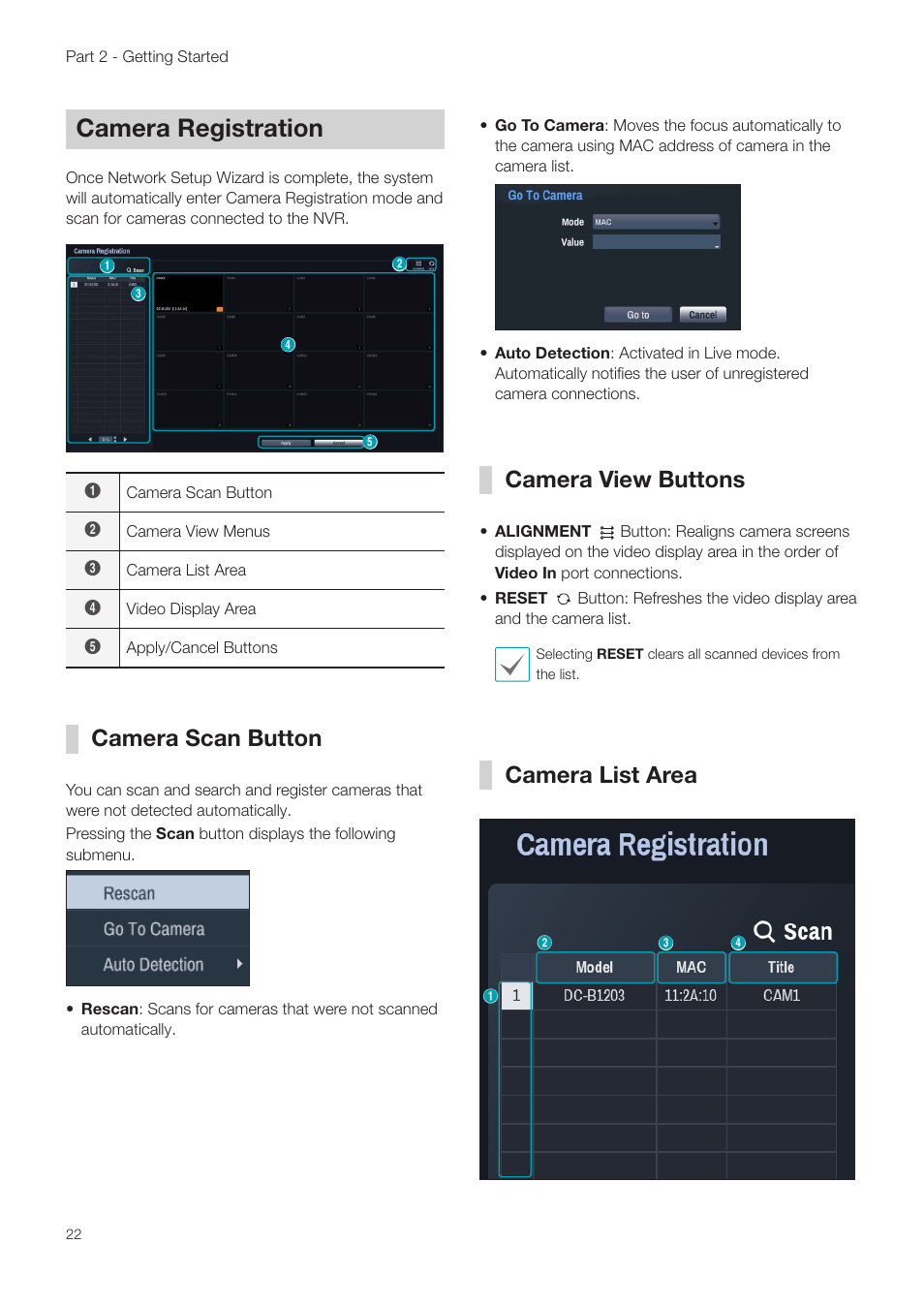 Camera registration, Camera scan button, Camera view buttons | Camera list area | Revo NVR User Manual | Page 22 / 82