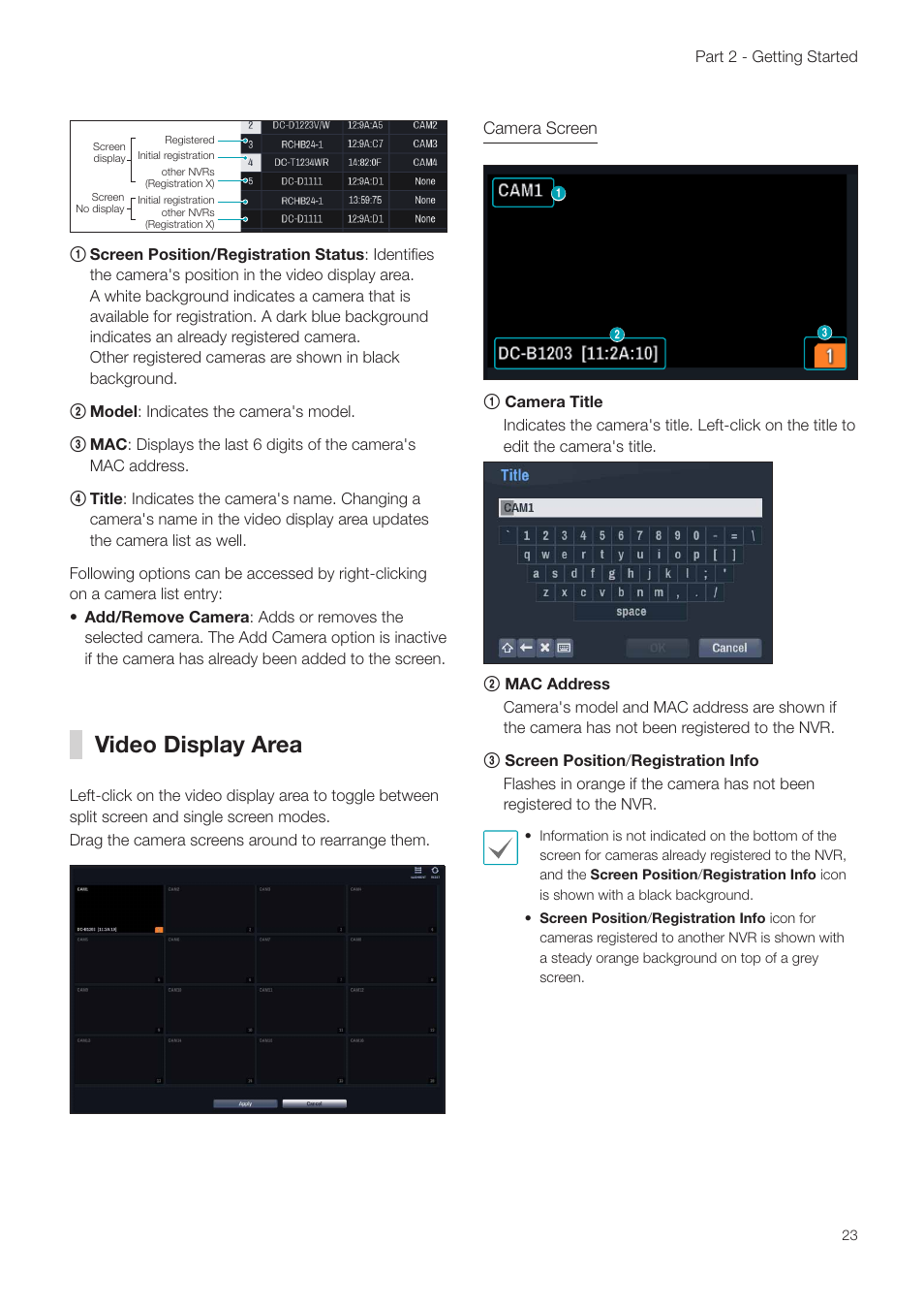 Camera view buttons, Camera list area, Video display area | Revo NVR User Manual | Page 23 / 82