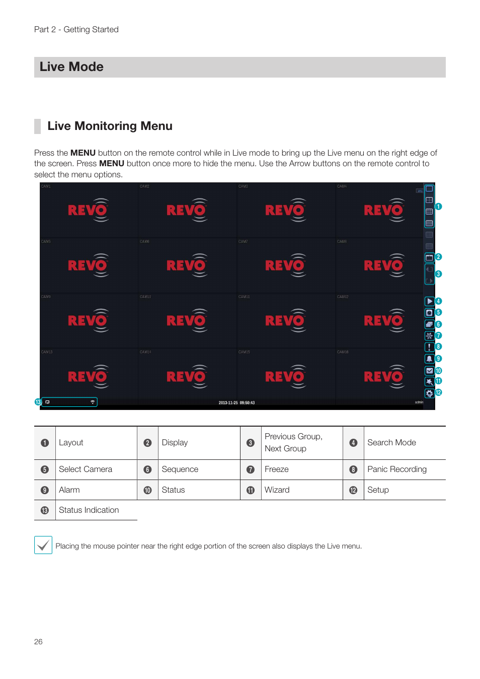 Live mode, Live monitoring menu | Revo NVR User Manual | Page 26 / 82