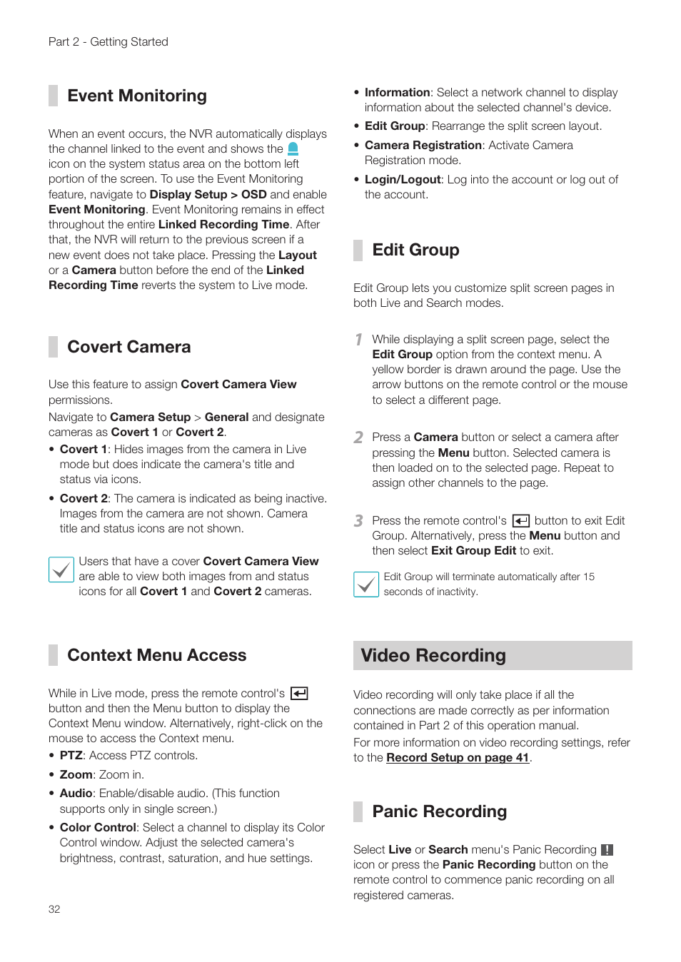 Event monitoring, Covert camera, Context menu access | Edit group, Video recording, Panic recording | Revo NVR User Manual | Page 32 / 82