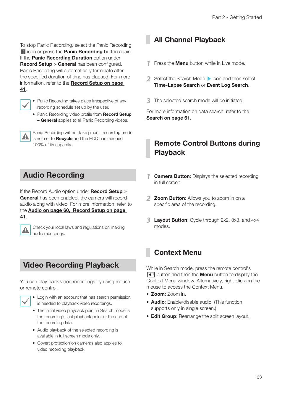 Audio recording, Video recording playback, All channel playback | Remote control buttons during playback, Context menu, Audio recording video recording playback | Revo NVR User Manual | Page 33 / 82