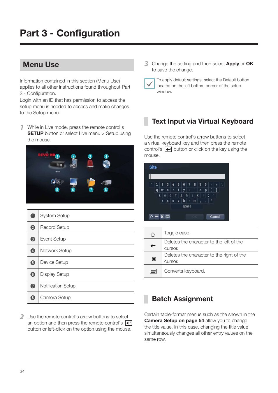 Part 3 - configuration, Menu use, Text input via virtual keyboard | Batch assignment, Text input via virtual keyboard batch assignment | Revo NVR User Manual | Page 34 / 82