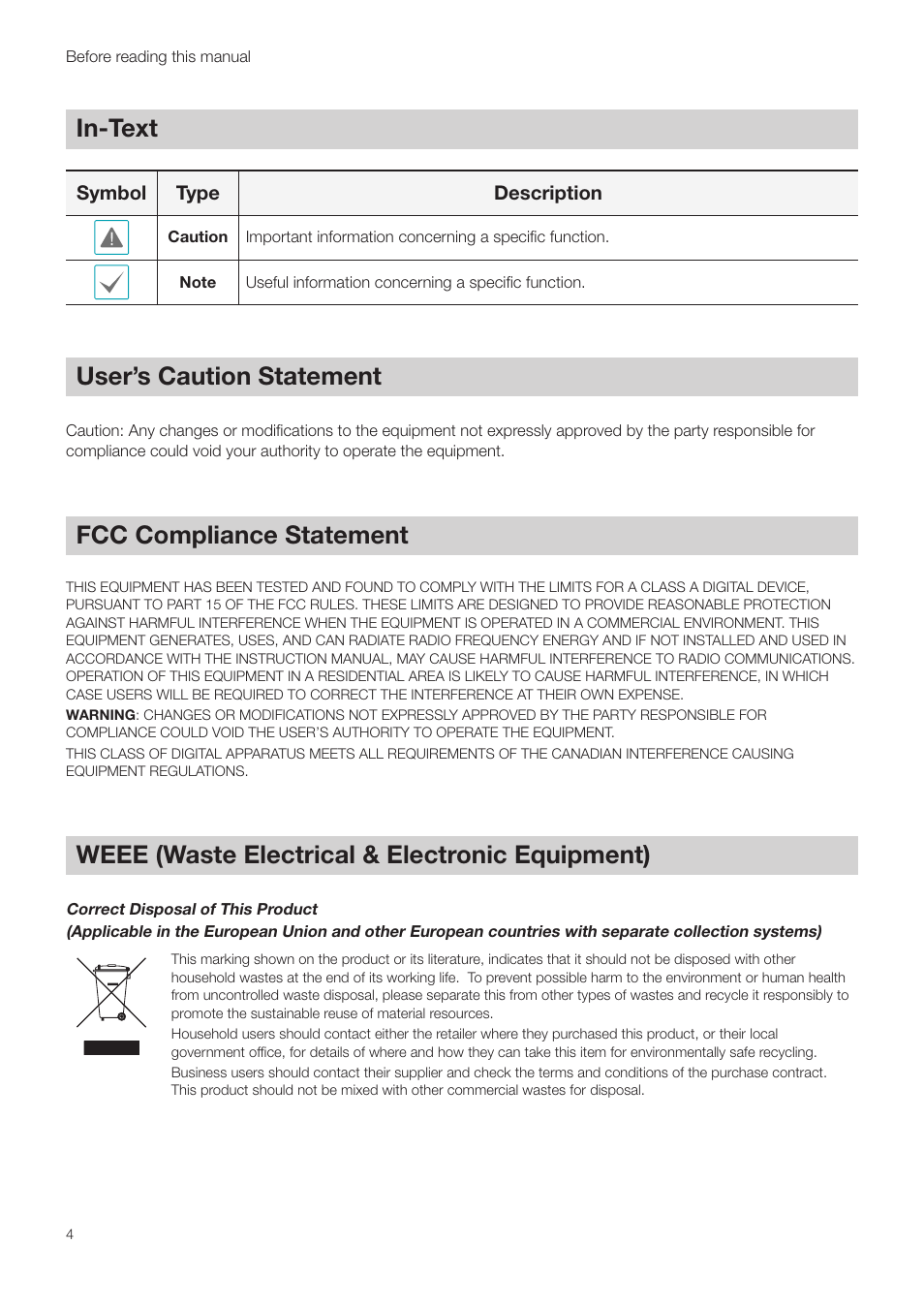 In-text, User’s caution statement, Fcc compliance statement | Weee (waste electrical & electronic equipment) | Revo NVR User Manual | Page 4 / 82