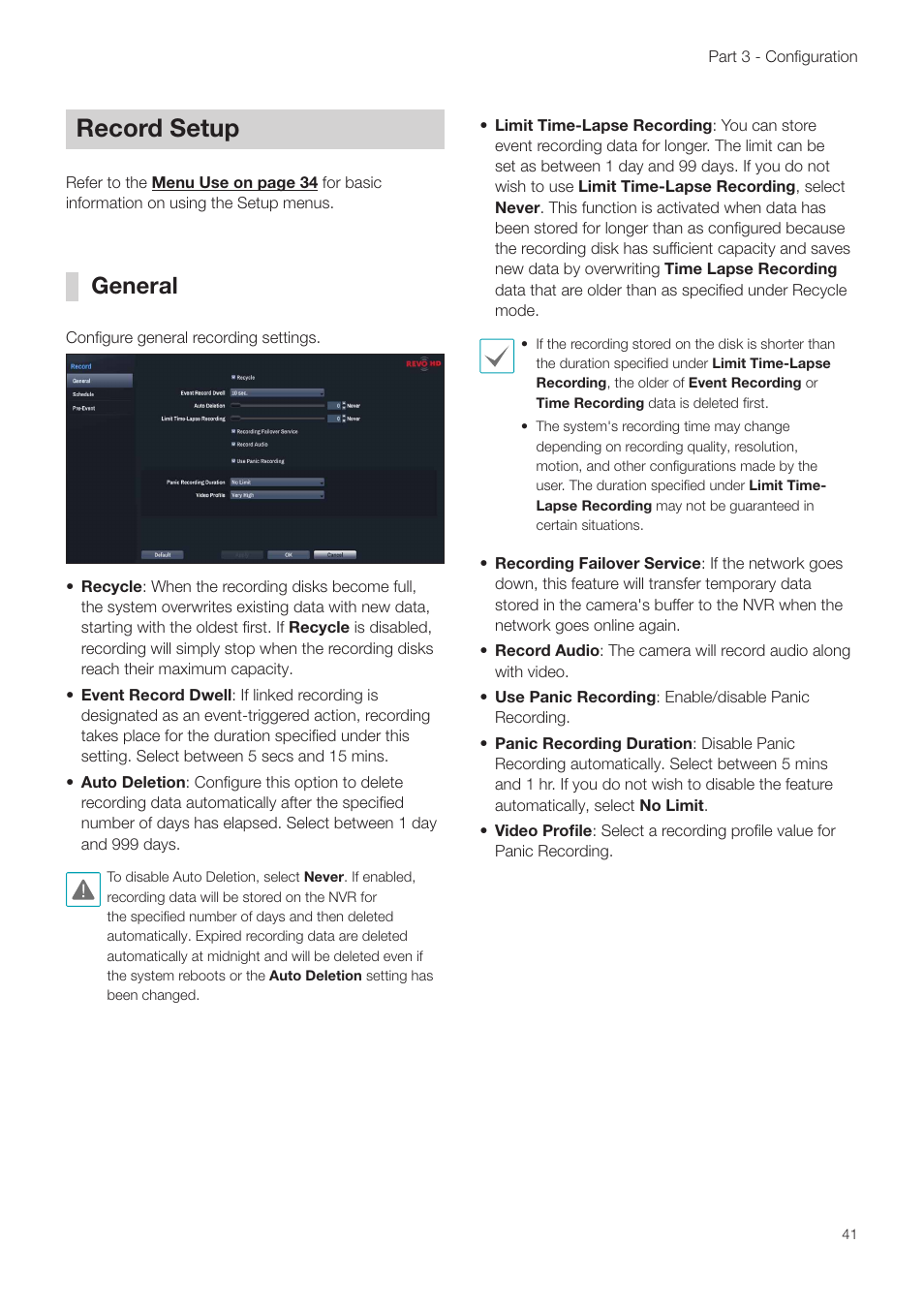 Record setup, General, Efer to the | Revo NVR User Manual | Page 41 / 82