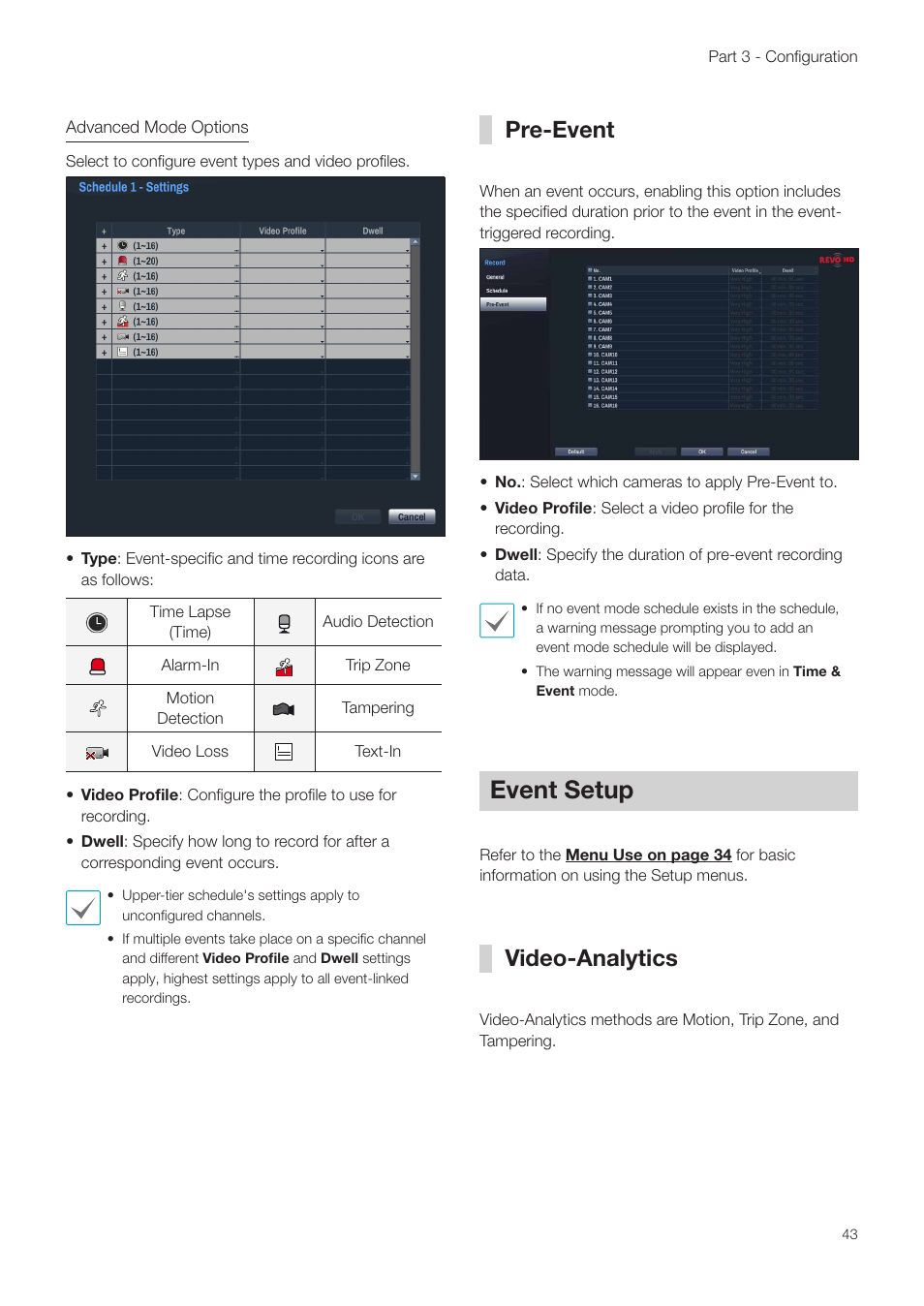 Pre-event, Event setup, Video-analytics | Revo NVR User Manual | Page 43 / 82