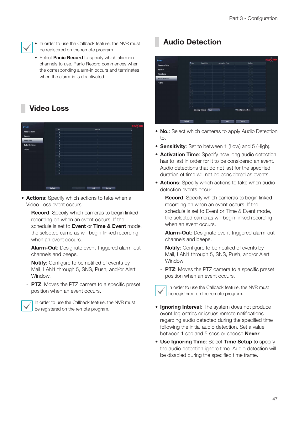 Video loss, Audio detection, Video loss audio detection | Revo NVR User Manual | Page 47 / 82