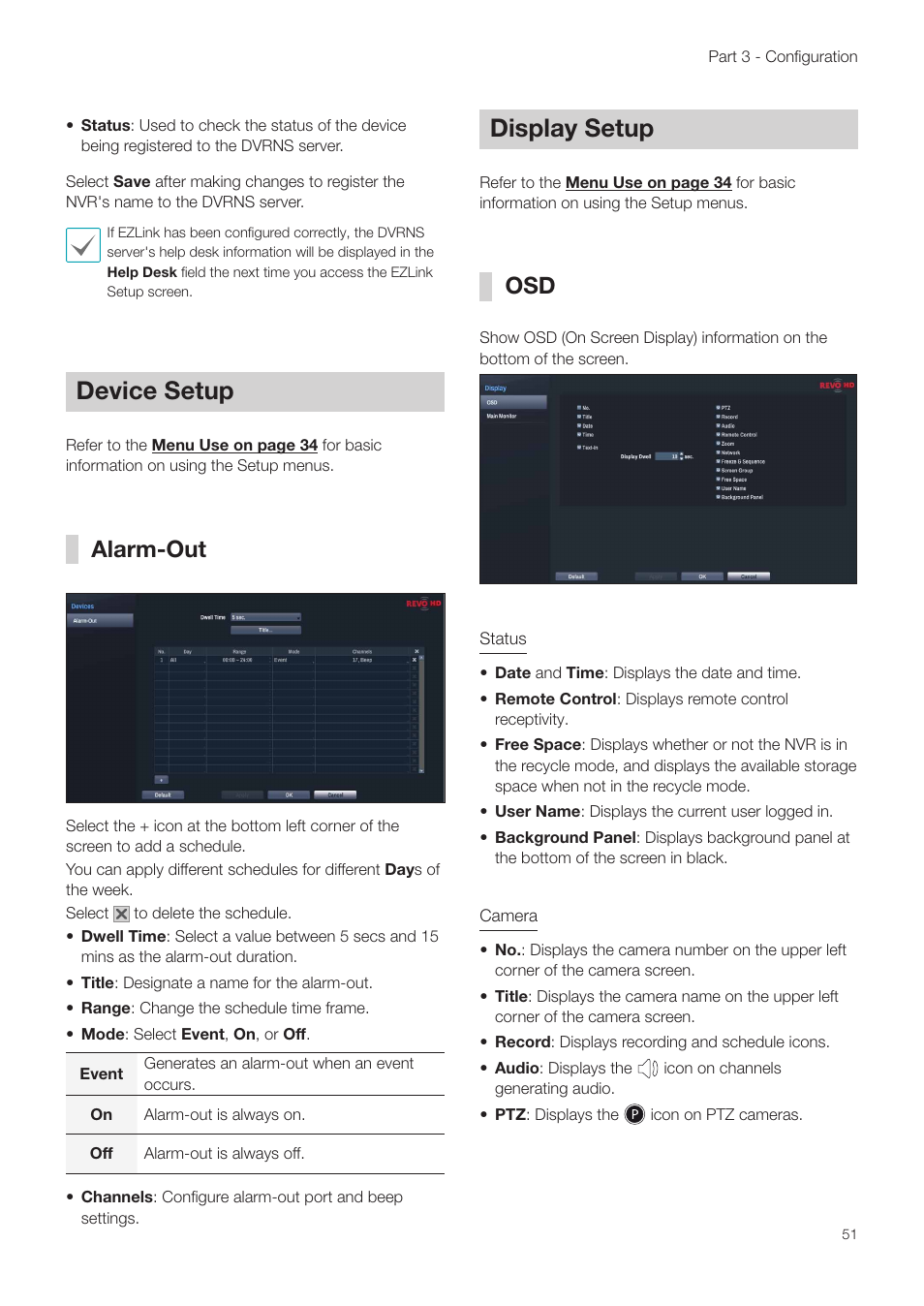 Device setup, Alarm-out, Display setup | Efer to the | Revo NVR User Manual | Page 51 / 82