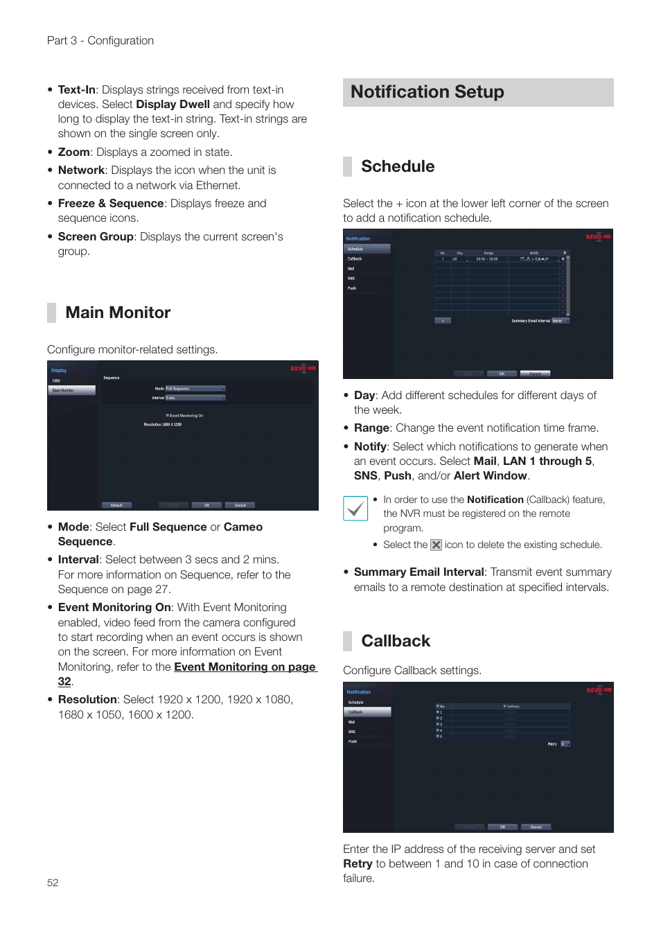 Main monitor, Notification setup, Schedule | Callback, Schedule callback | Revo NVR User Manual | Page 52 / 82