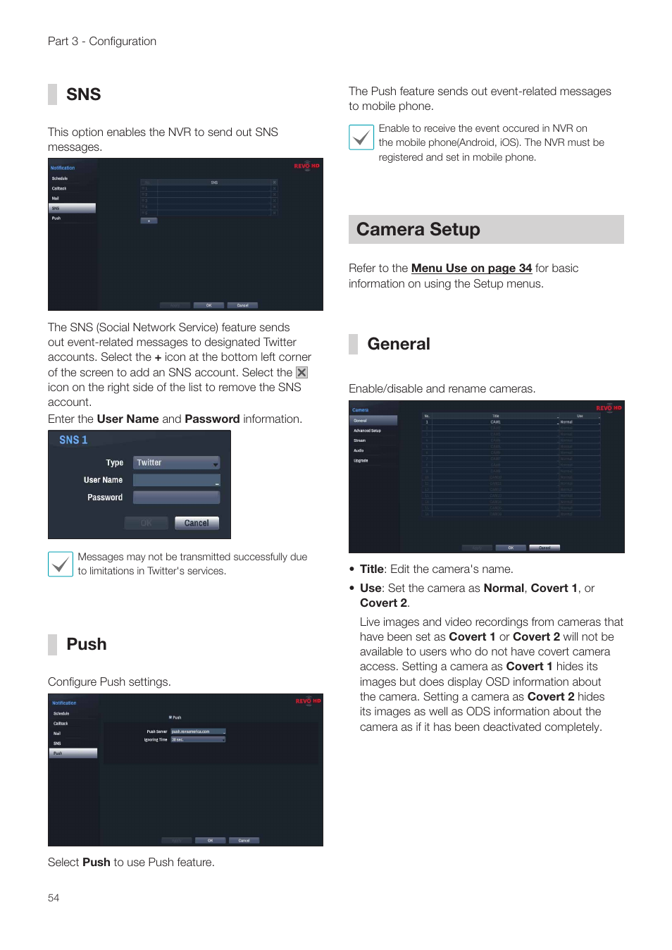 Push, Camera setup, General | Sns push | Revo NVR User Manual | Page 54 / 82