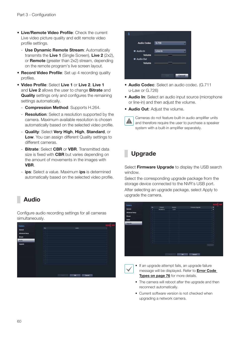 Audio, Upgrade, Audio upgrade | Revo NVR User Manual | Page 60 / 82