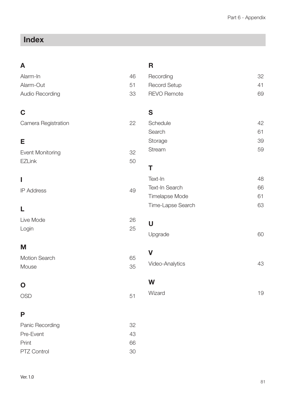 Index | Revo NVR User Manual | Page 81 / 82