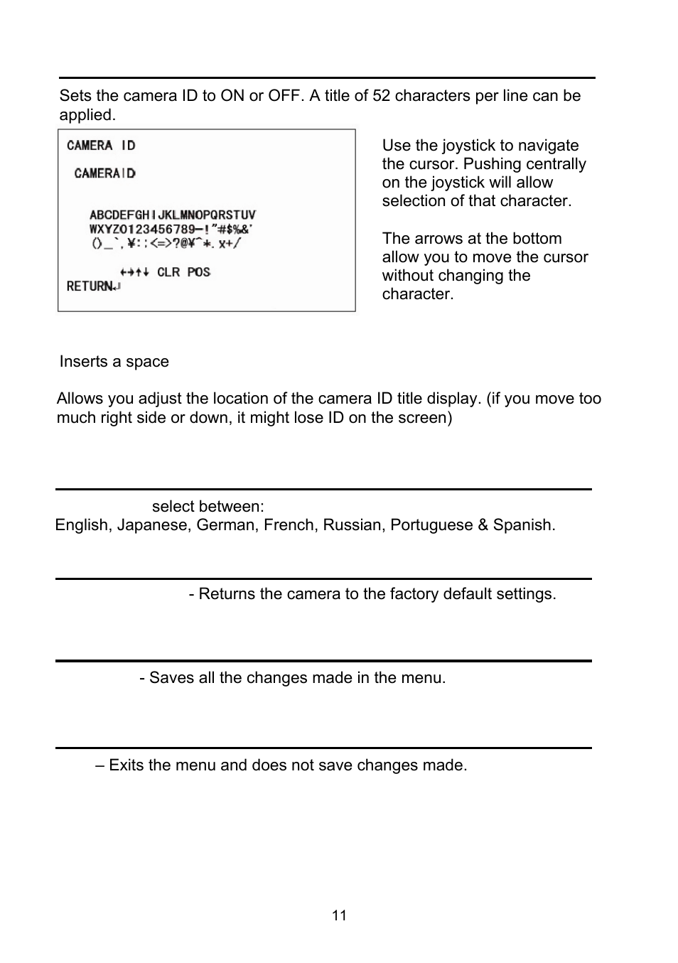 Camera id, Language, Camera reset | Save all, Exit | Revo RECBH0550-1 User Manual | Page 17 / 22