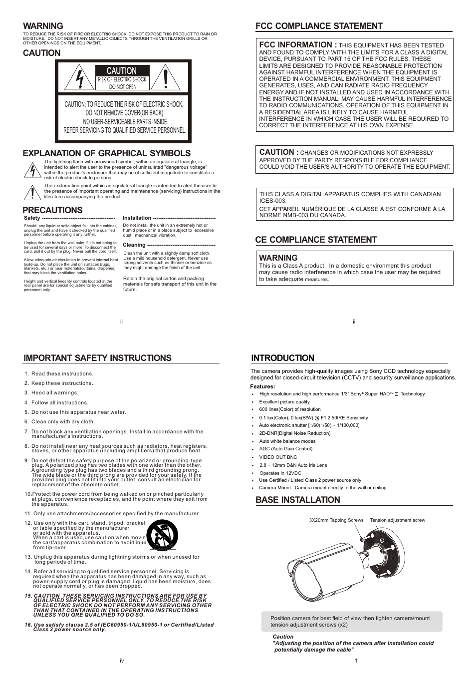 Caution, Warning caution, Explanation of graphical symbols | Precautions, Ce compliance statement fcc compliance statement, Base installation, Introduction, Important safety instructions, Fcc information, Warning | Revo RECBH2812-2 User Manual | Page 2 / 2