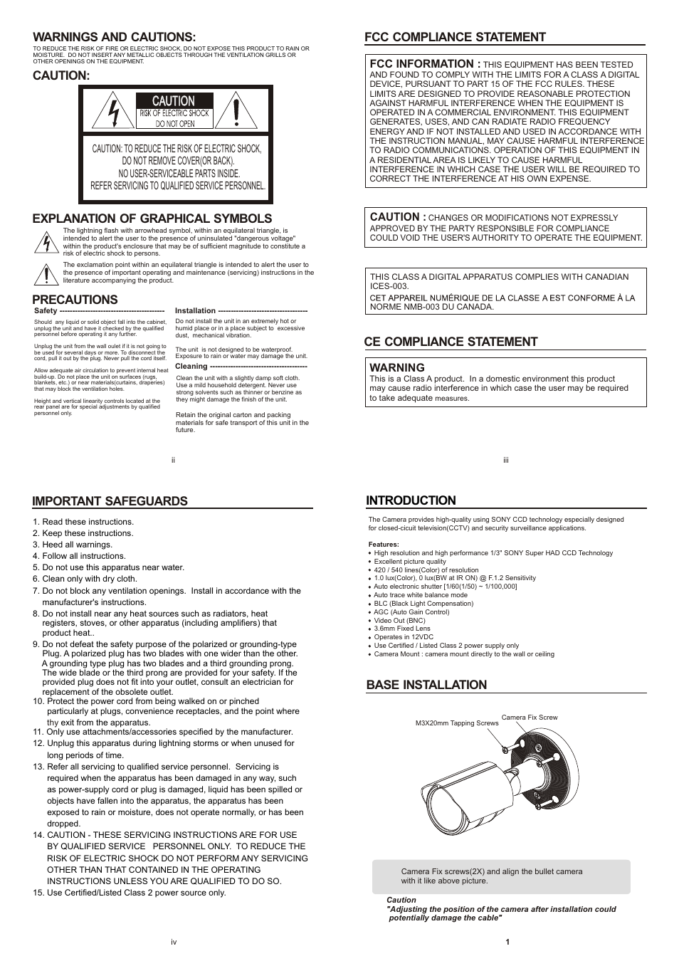 Caution, Warnings and cautions: caution, Explanation of graphical symbols | Precautions, Ce compliance statement fcc compliance statement, Important safeguards, Introduction, Base installation, Fcc information, Warning | Revo RECBH36-1 User Manual | Page 2 / 2