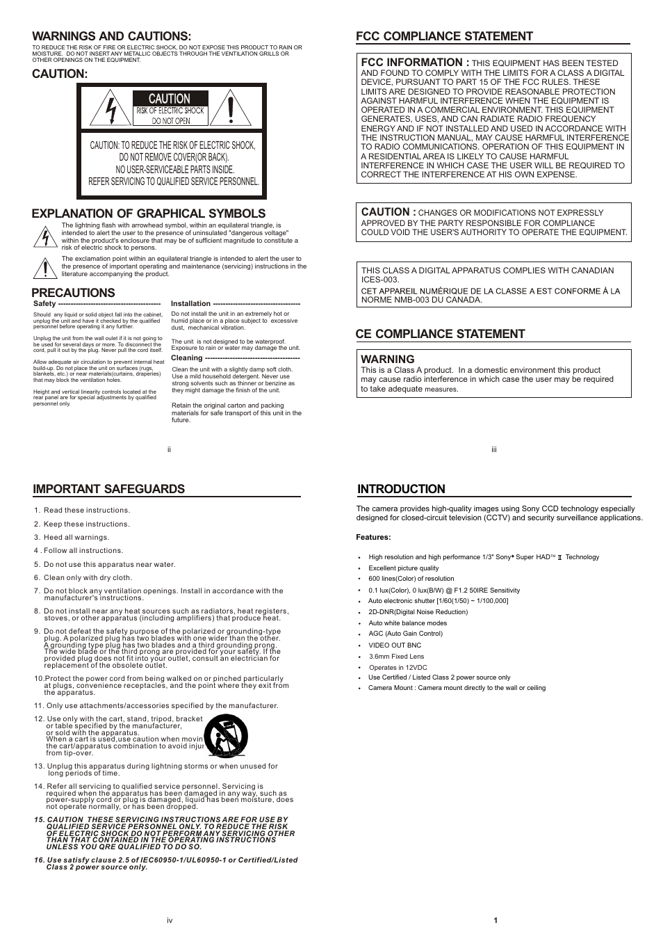 Caution, Warnings and cautions: caution, Explanation of graphical symbols | Precautions, Ce compliance statement fcc compliance statement, Introduction, Important safeguards, Fcc information, Warning | Revo RECBH36-2 User Manual | Page 2 / 2