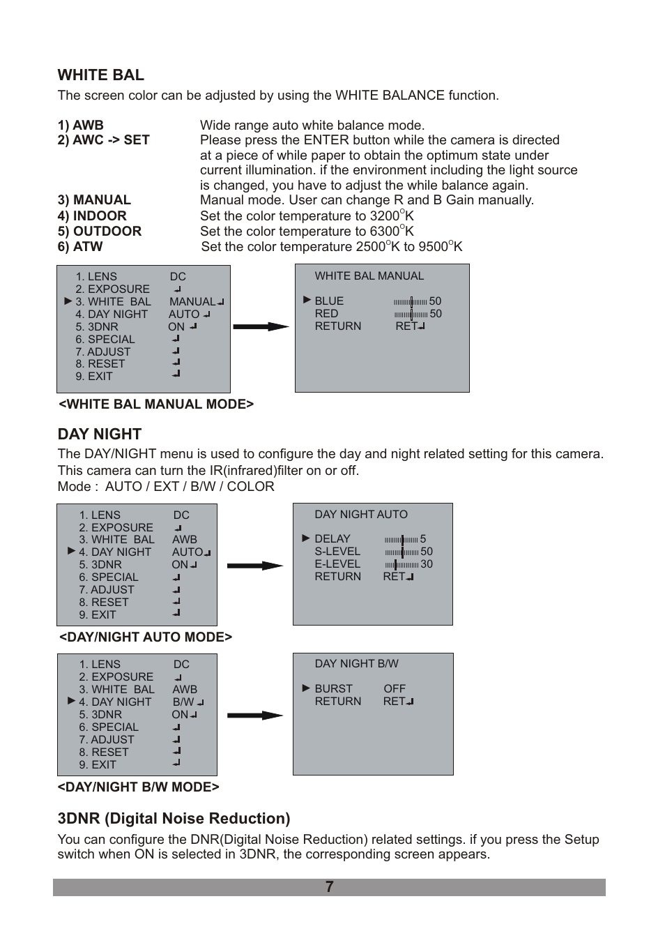 쪽 12, White bal, Day night | 3dnr (digital noise reduction) | Revo RECDH2812-1 User Manual | Page 11 / 16