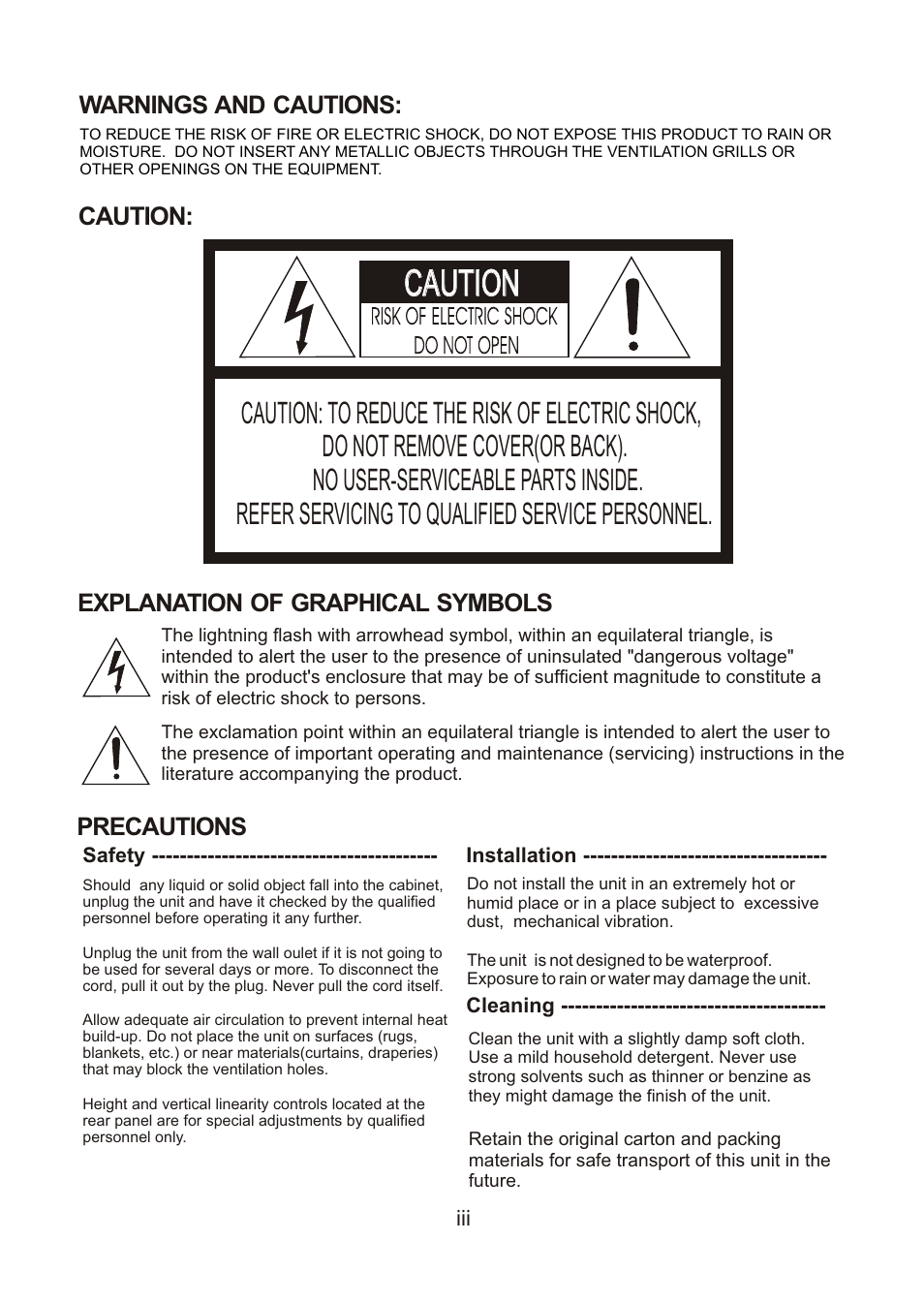 Caution, Warnings and cautions: caution, Explanation of graphical symbols | Precautions | Revo RECDH36-1 User Manual | Page 3 / 16