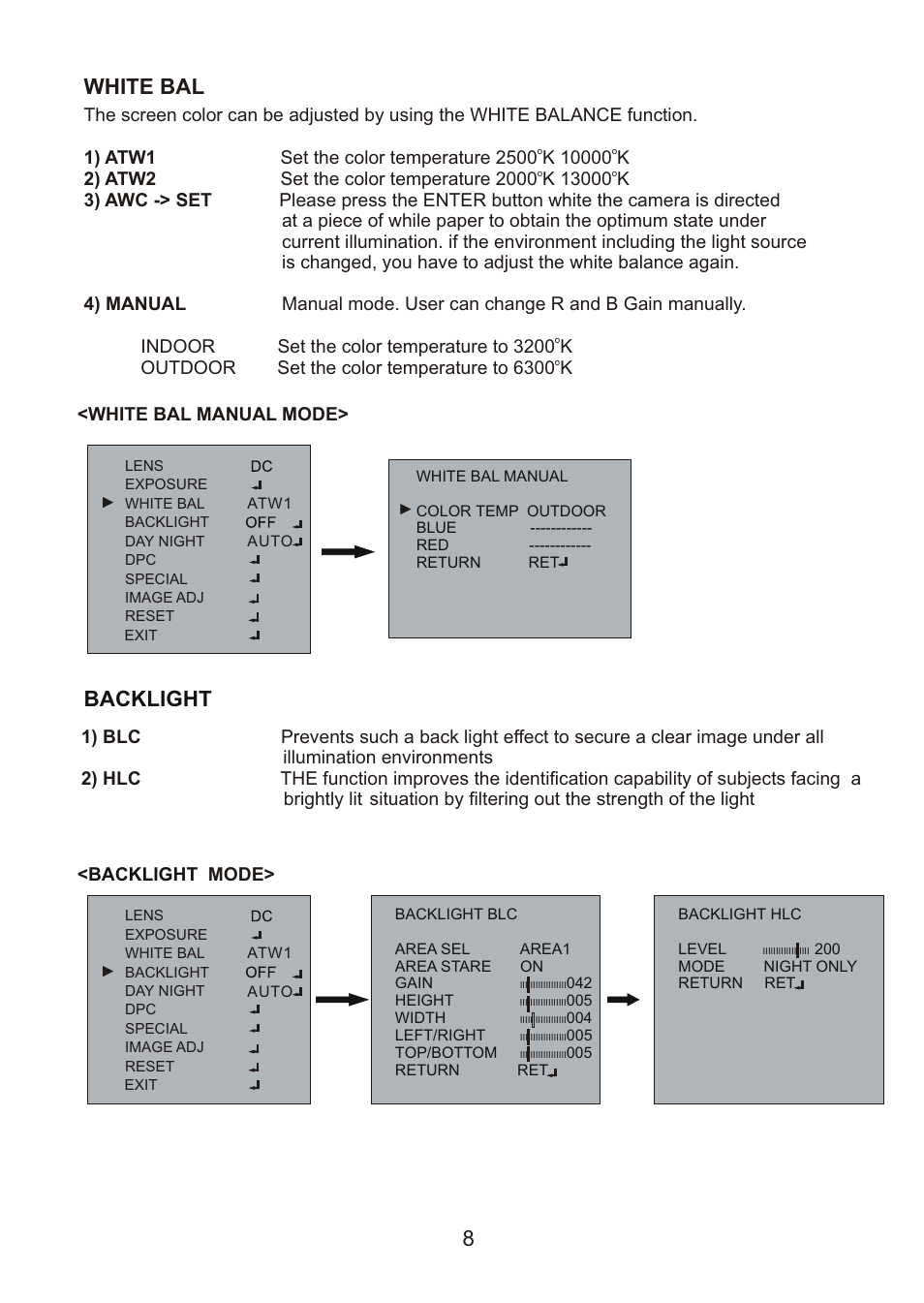 쪽 13, White bal, Backlight | Revo RECDH36-2 User Manual | Page 12 / 20