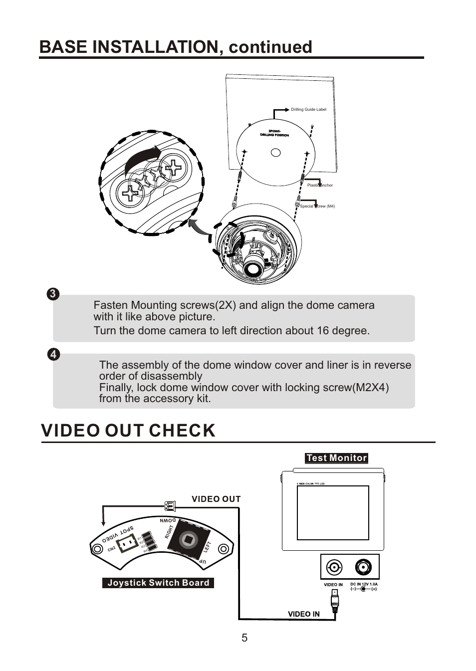 쪽 10, Video out check, Base installation, continued | Test monitor, Joystick switch board | Revo RECDH36-2 User Manual | Page 9 / 20