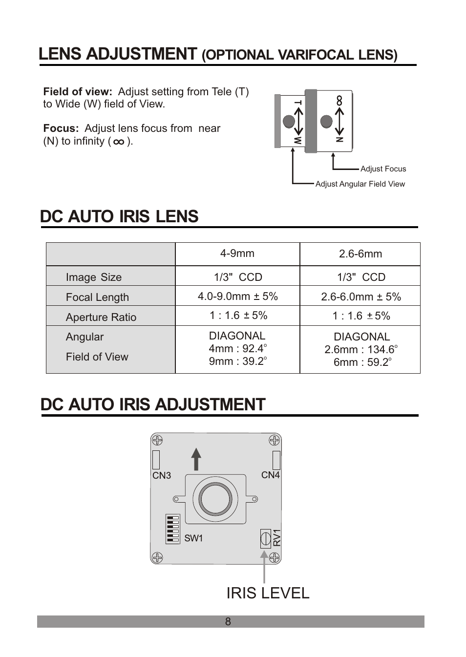 쪽 14, Dc auto iris lens, Dc auto iris adjustment | Lens adjustment, Iris level, Optional varifocal lens) | Revo RECDH409-1 User Manual | Page 13 / 16