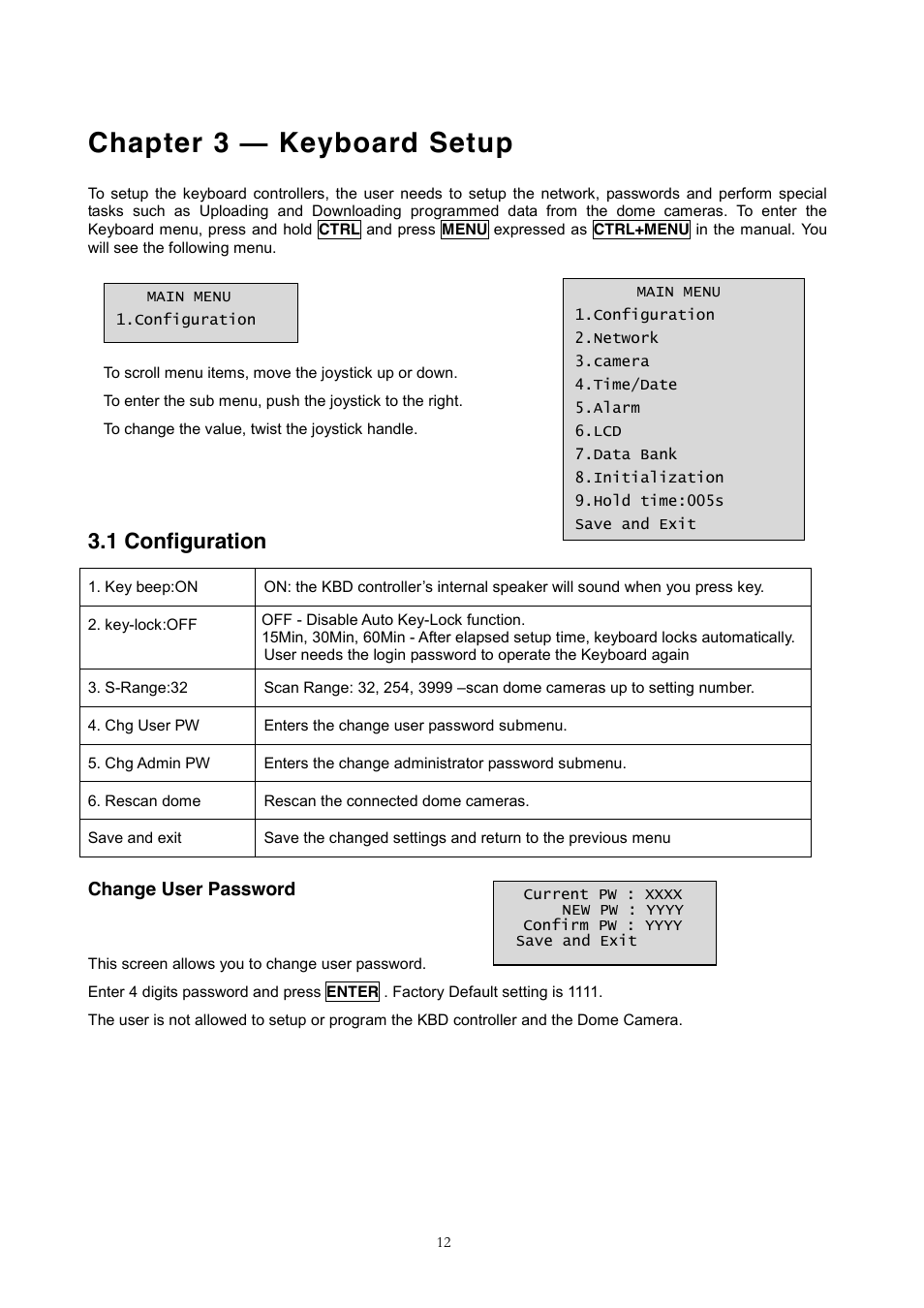 Change administrator password, 2 network, Set port | Set baud rate, Chapter 3 ² keyboard setup, 1 configuration, Change user password | Revo REJCPTZ-1 User Manual | Page 19 / 52