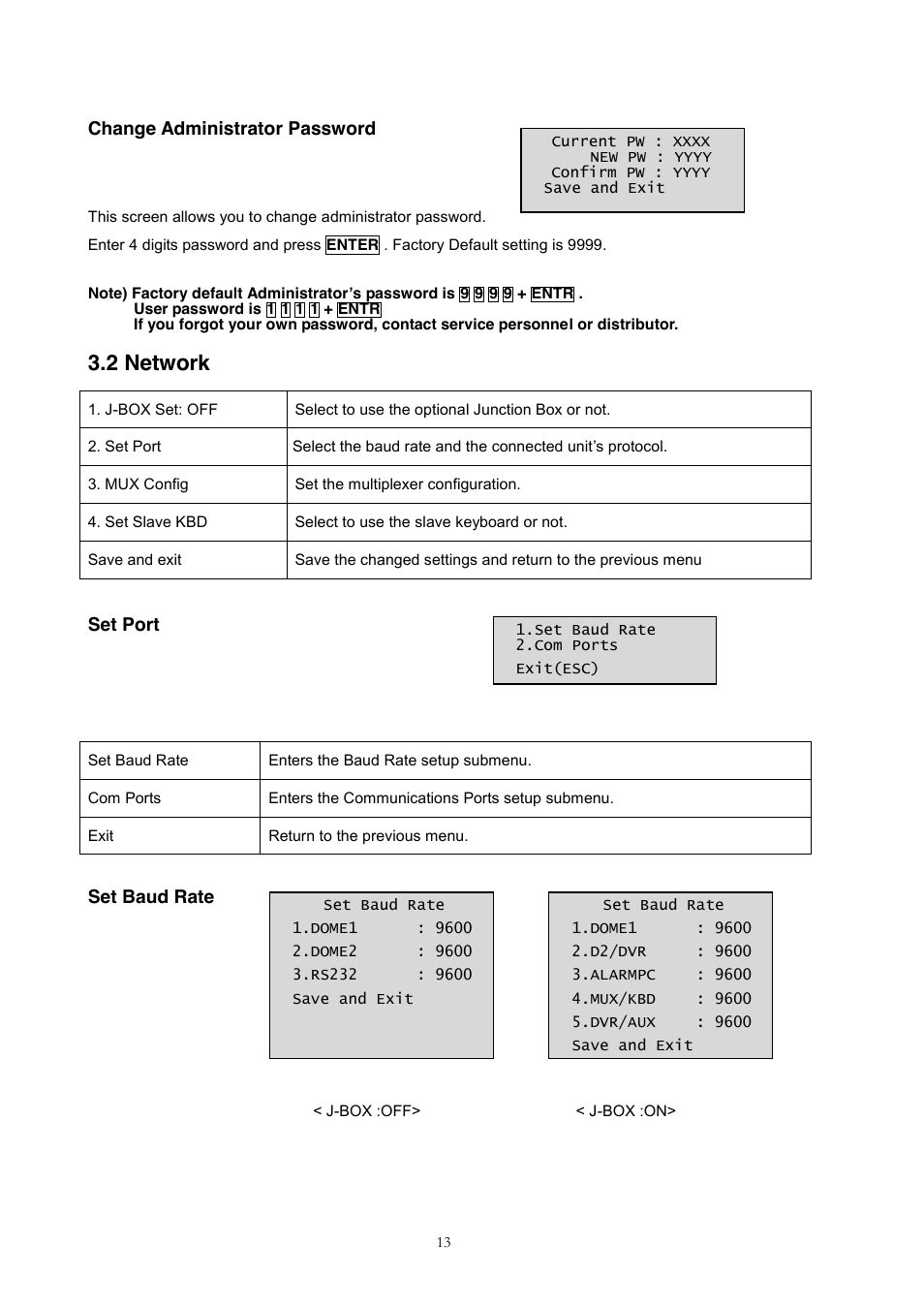 Com ports, Mux config (multiplexer configuration), 2 network | Change administrator password, Set port, Set baud rate | Revo REJCPTZ-1 User Manual | Page 20 / 52
