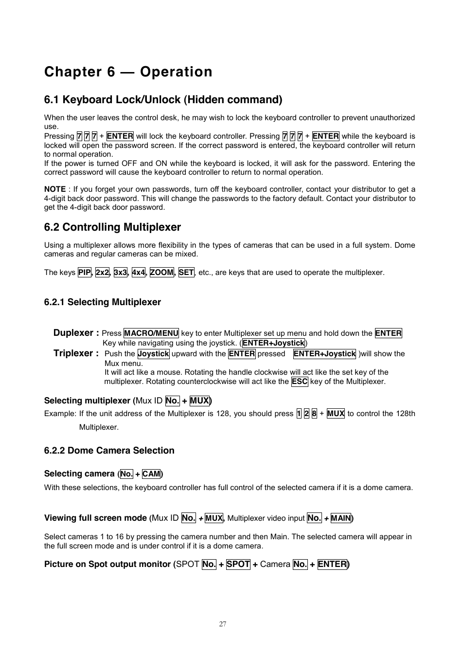 3 summary of keyboard controls, Chapter 6 ² operation, 1 keyboard lock/unlock (hidden command) | 2 controlling multiplexer | Revo REJCPTZ-1 User Manual | Page 34 / 52