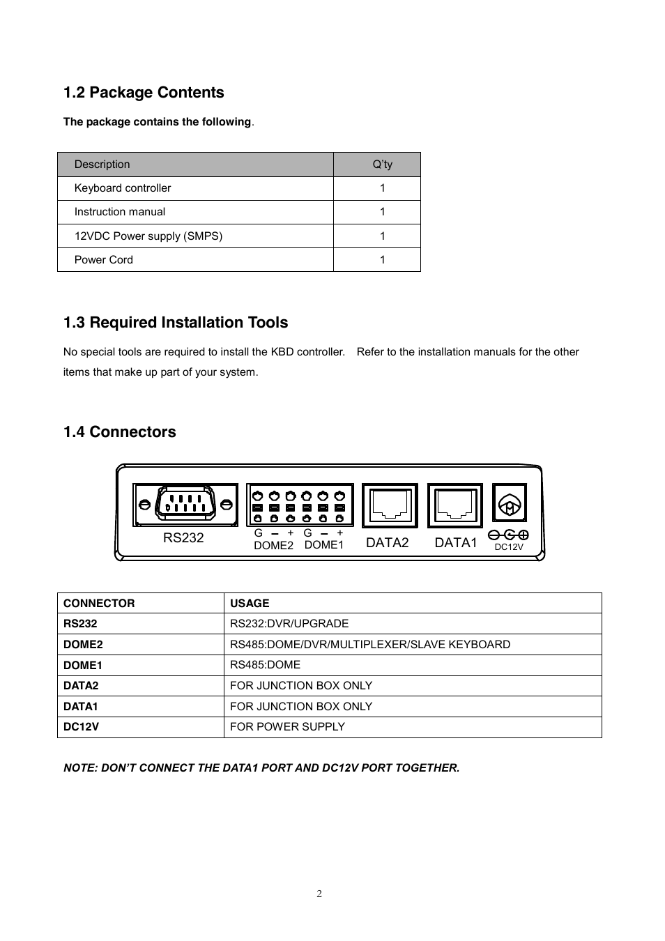 Chapter 2 ² installation and configuration, 1 basic configuration of fastrax dome system, 2 package contents | 3 required installation tools, 4 connectors | Revo REJCPTZ-1 User Manual | Page 9 / 52