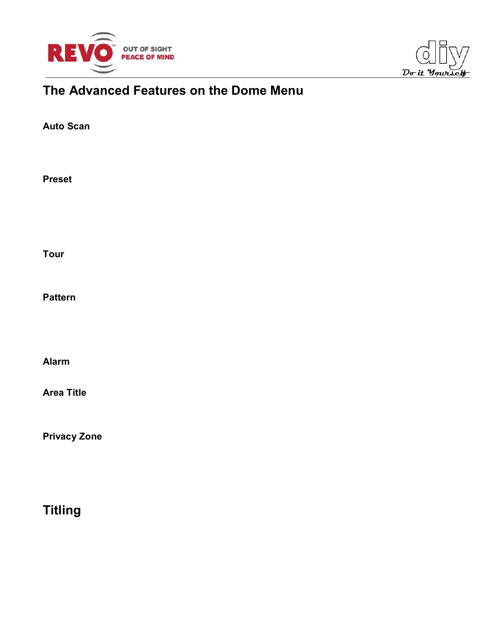 The advanced features on the dome menu, Titling | Revo RELPTZ22-3 Advanced Features User Manual | Page 7 / 29