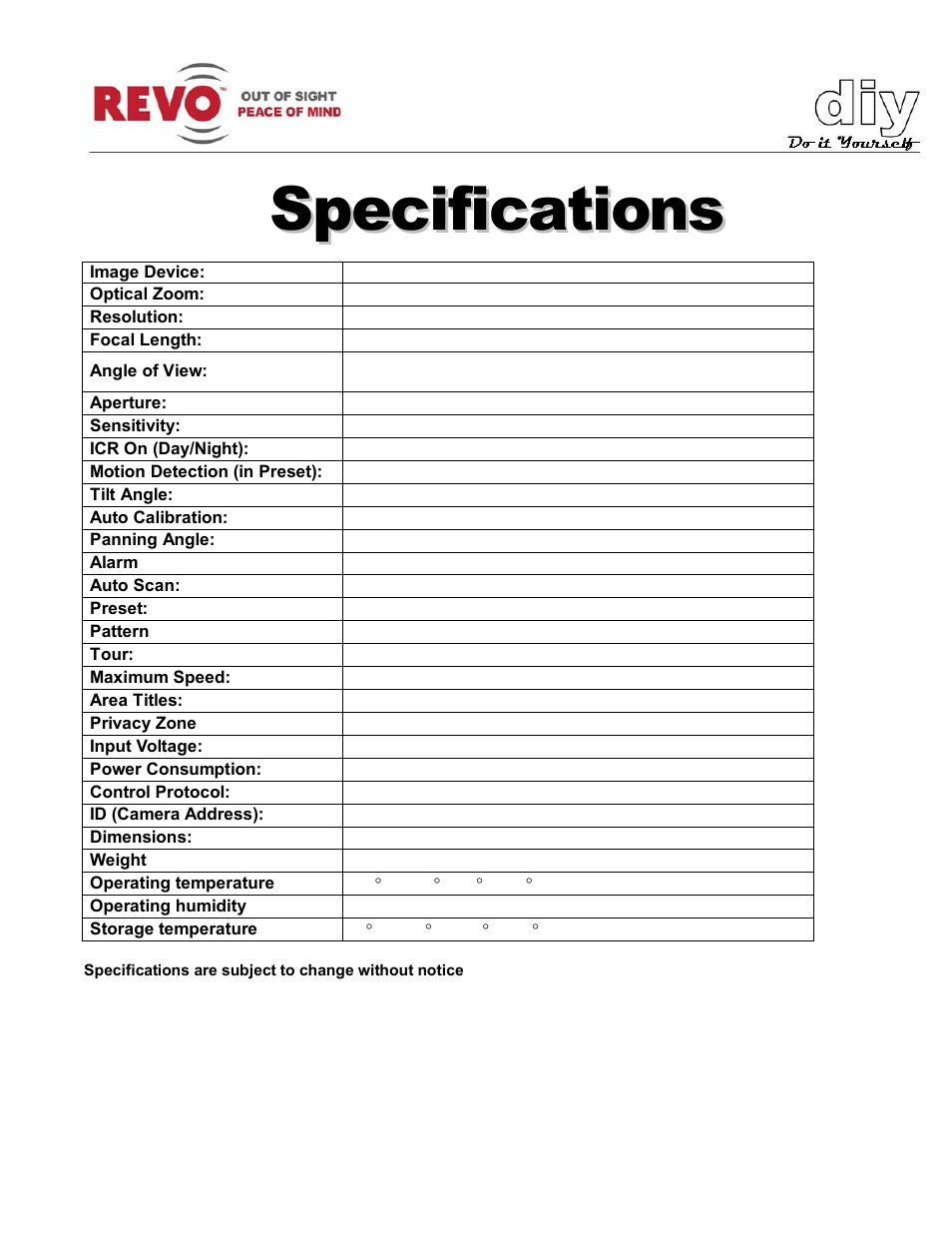 Specifications | Revo RELPTZ22-3 User Manual User Manual | Page 39 / 44