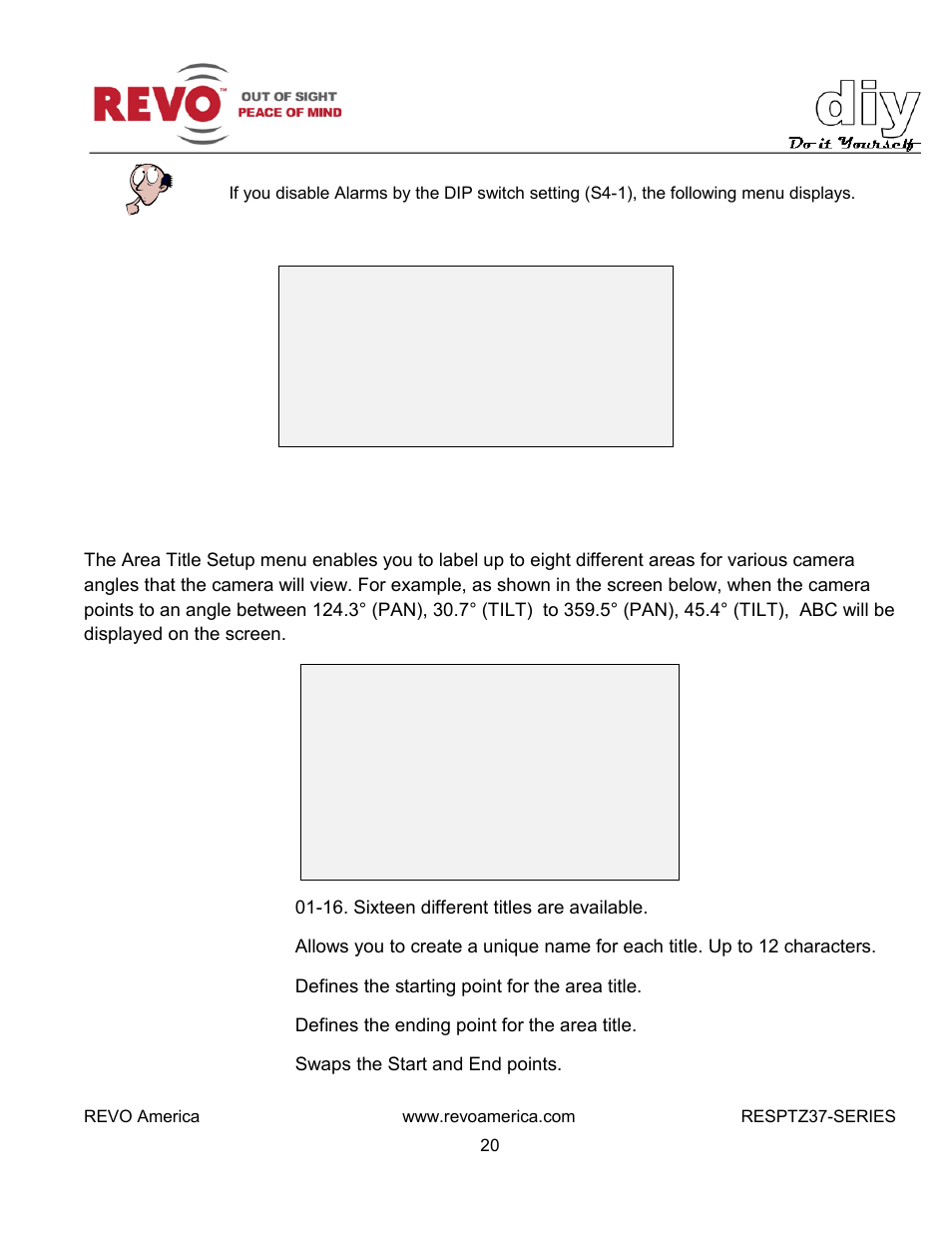 Area title | Revo RESPTZ37-1/HSC/HSW Advanced Features User Manual | Page 22 / 30