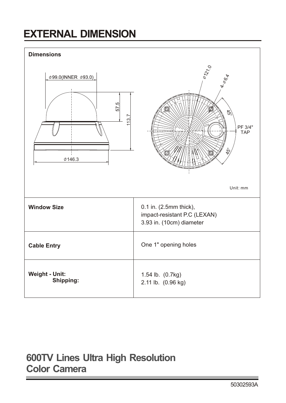 쪽 17, External dimension, 600tv lines ultra high resolution color camera | Revo REVDN600-1 User Manual | Page 16 / 16