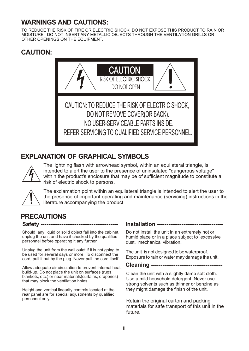 Caution, Warnings and cautions: caution, Explanation of graphical symbols | Precautions | Revo REVDN600-1 User Manual | Page 2 / 16