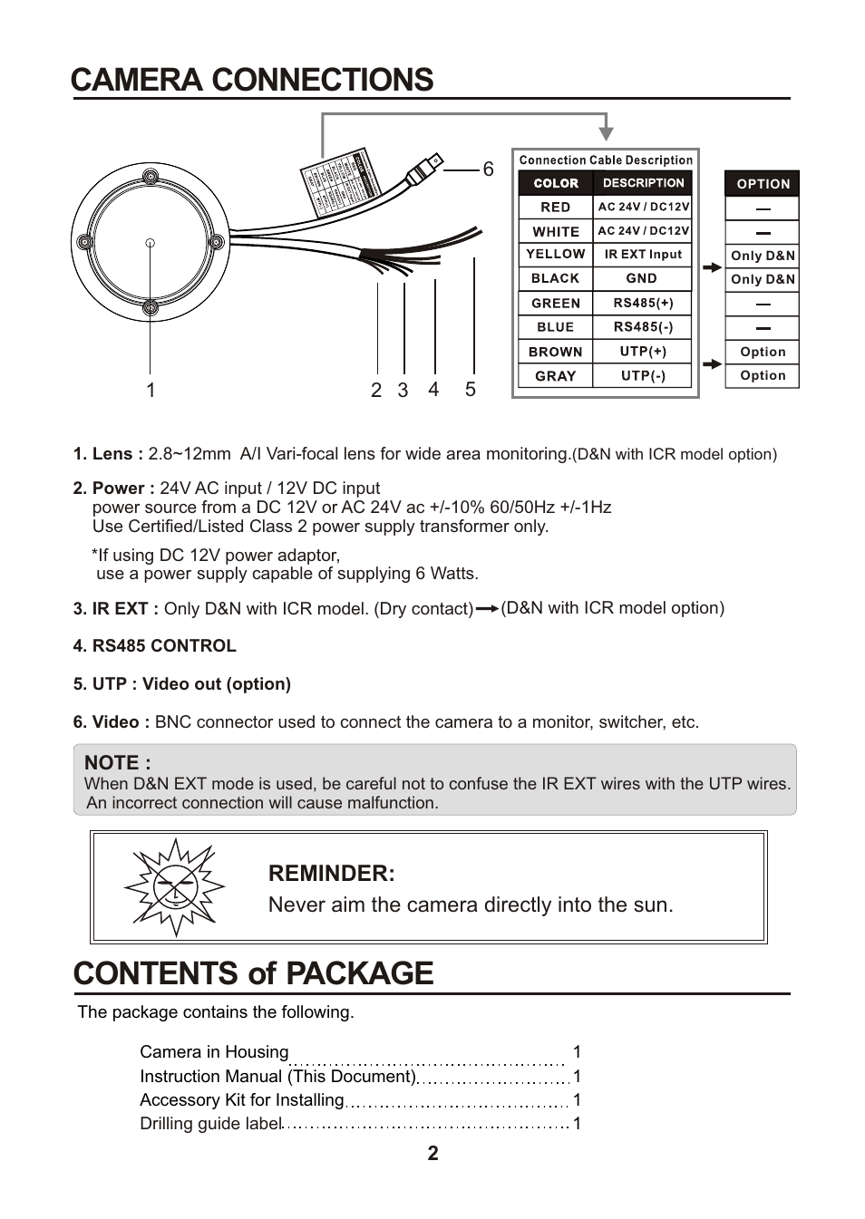 Camera connections, Contents of package, Reminder | Revo REVDN600-1 User Manual | Page 6 / 16