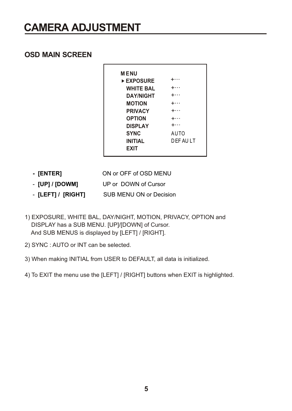 쪽 10, Camera adjustment, Osd main screen | Revo REVDN600-1 User Manual | Page 9 / 16