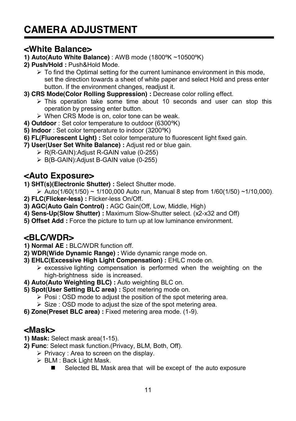 Camera adjustment, White balance, Auto exposure | Blc/wdr, Mask | Revo REVDN650-1 User Manual | Page 12 / 24