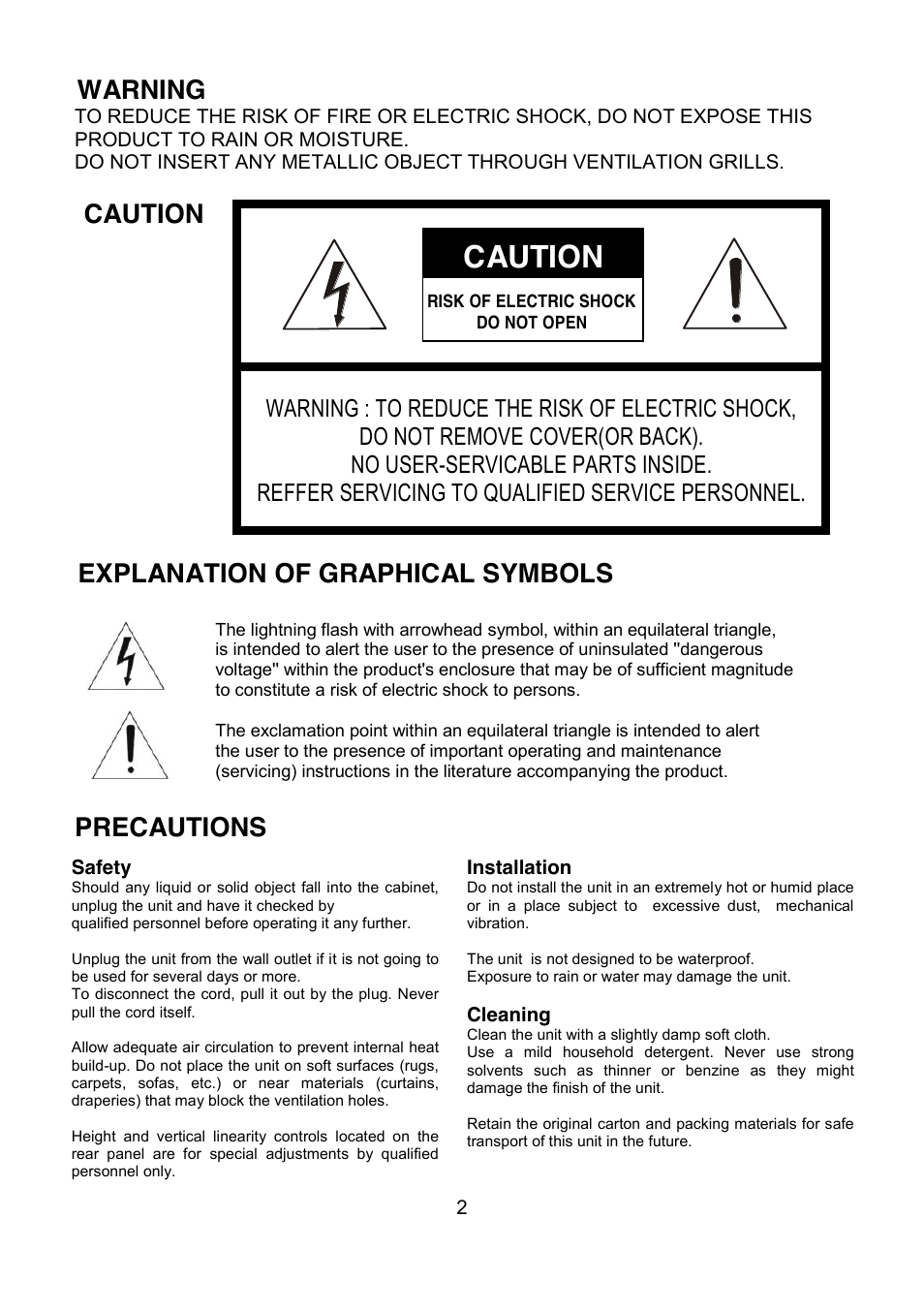 Caution, Warning, Explanation of graphical symbols | Precautions | Revo REVDN650-1 User Manual | Page 3 / 24