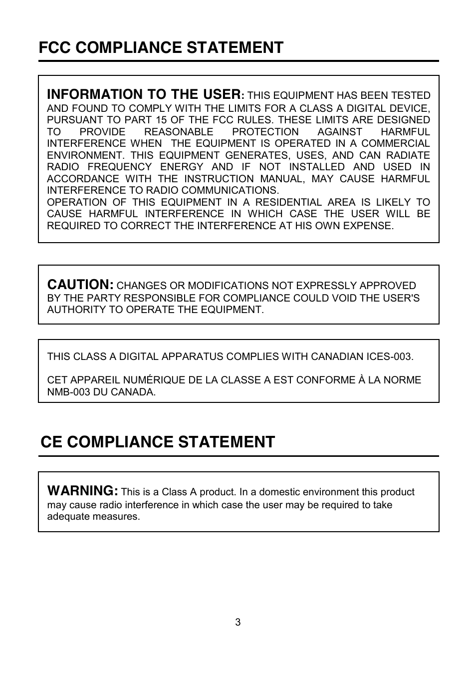 Fcc compliance statement, Ce compliance statement, Information to the user | Caution, Warning | Revo REVDN650-1 User Manual | Page 4 / 24