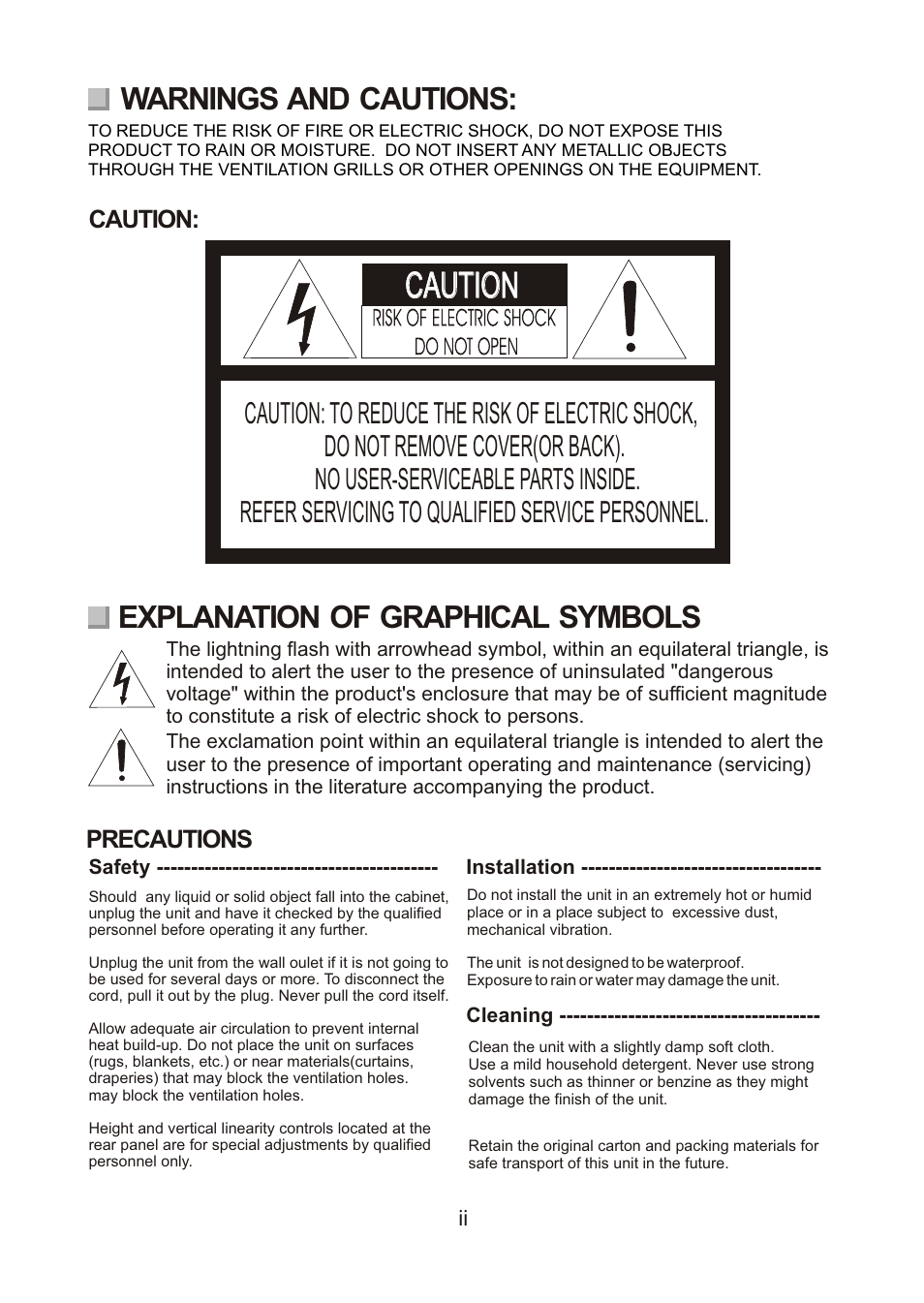 Warnings and cautions, Explanation of graphical symbols, Caution | Precautions | Revo REVDPTZ10-1 User Manual | Page 2 / 36