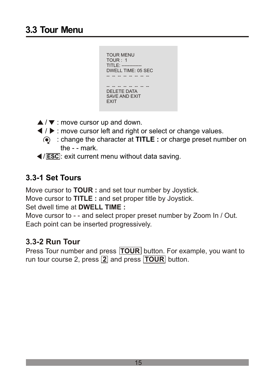 쪽 20, 3 tour menu, 1 set tours | 2 run tour | Revo REVDPTZ10-1 User Manual | Page 20 / 36