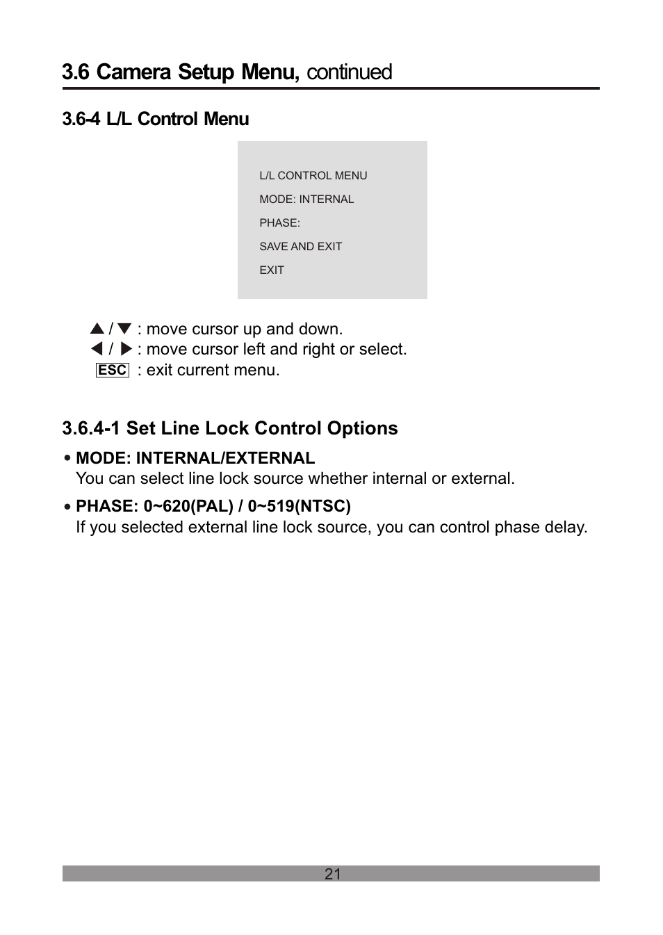 쪽 26, 6 camera setup menu, continued, 4 l/l control menu | 1 set line lock control options | Revo REVDPTZ10-1 User Manual | Page 26 / 36