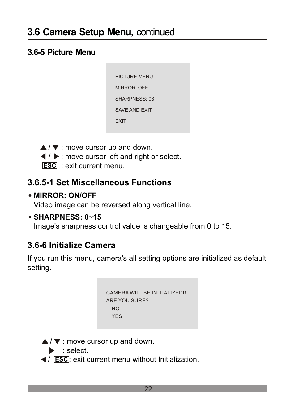 쪽 27, 6 camera setup menu, continued, 1 set miscellaneous functions | 6 initialize camera, 5 picture menu | Revo REVDPTZ10-1 User Manual | Page 27 / 36