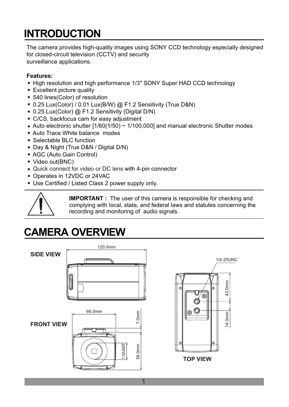 Introduction, Camera overview | Revo REXN540-1 User Manual | Page 7 / 16