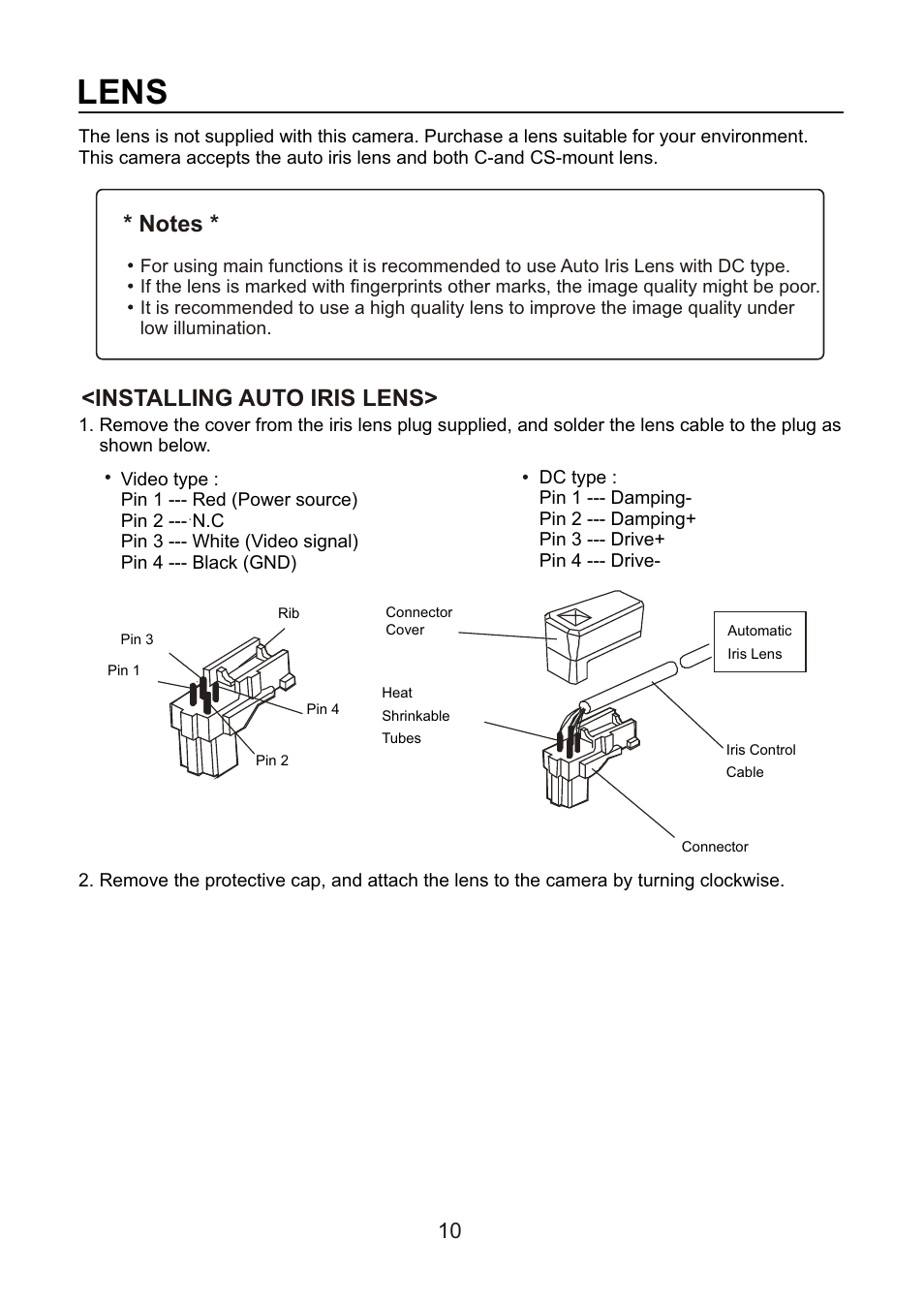 쪽 16, Lens, Installing auto iris lens | Revo REXN600-1 User Manual | Page 15 / 16