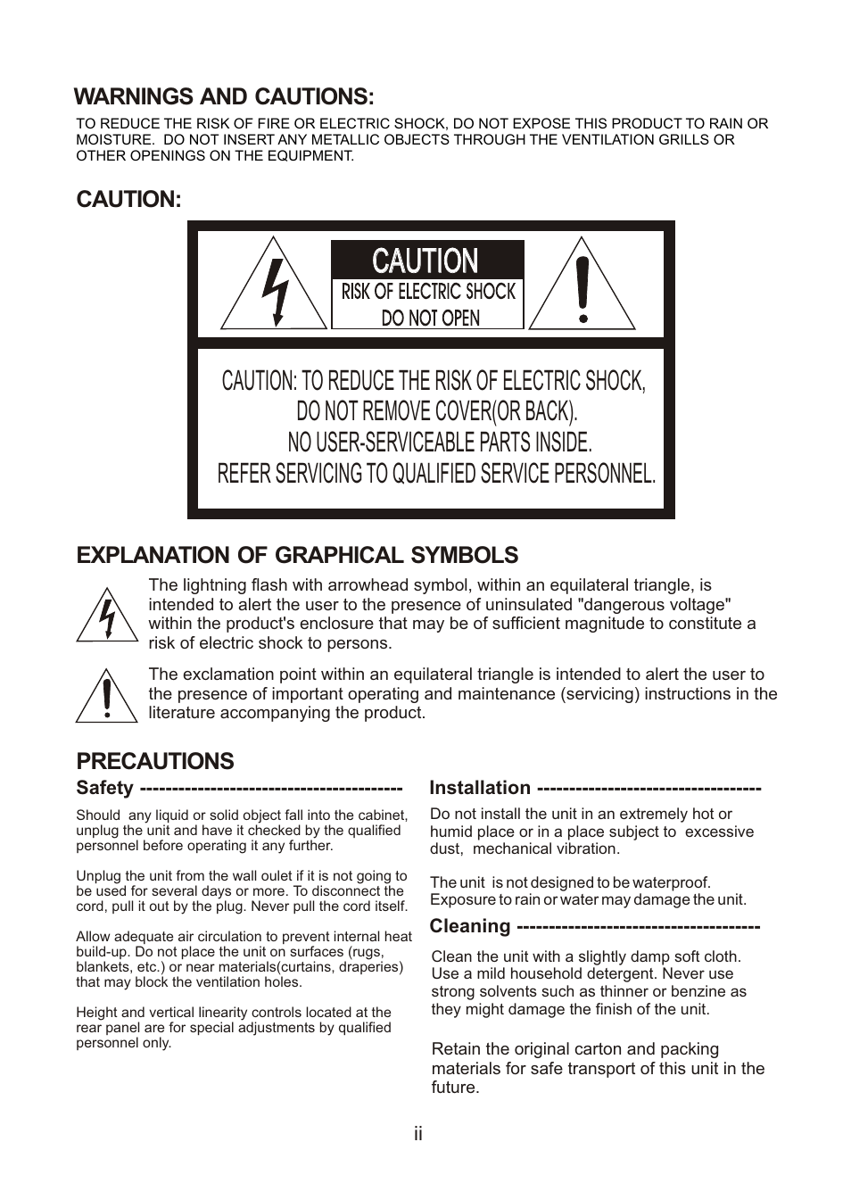 Caution, Warnings and cautions: caution, Explanation of graphical symbols | Precautions | Revo REXN600-1 User Manual | Page 2 / 16