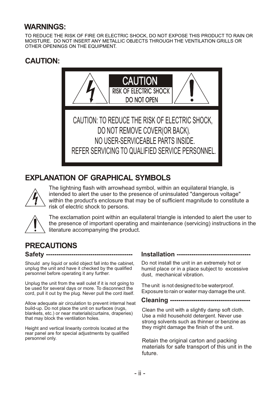 Caution, Warnings: caution, Explanation of graphical symbols | Precautions | Revo REXT600-1 User Manual | Page 2 / 16