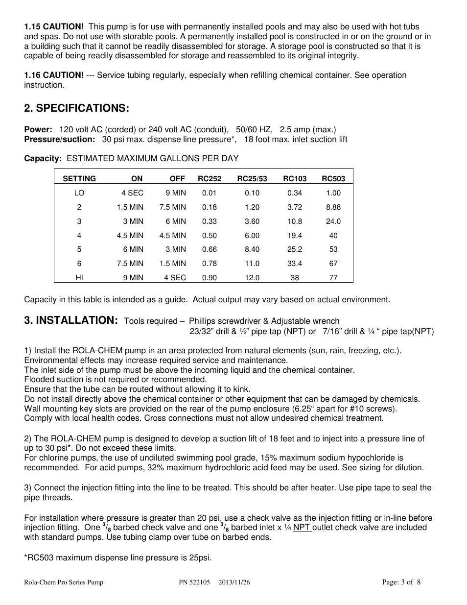 Specifications, Installation | Rola-Chem Pro Series Pump User Manual | Page 3 / 8