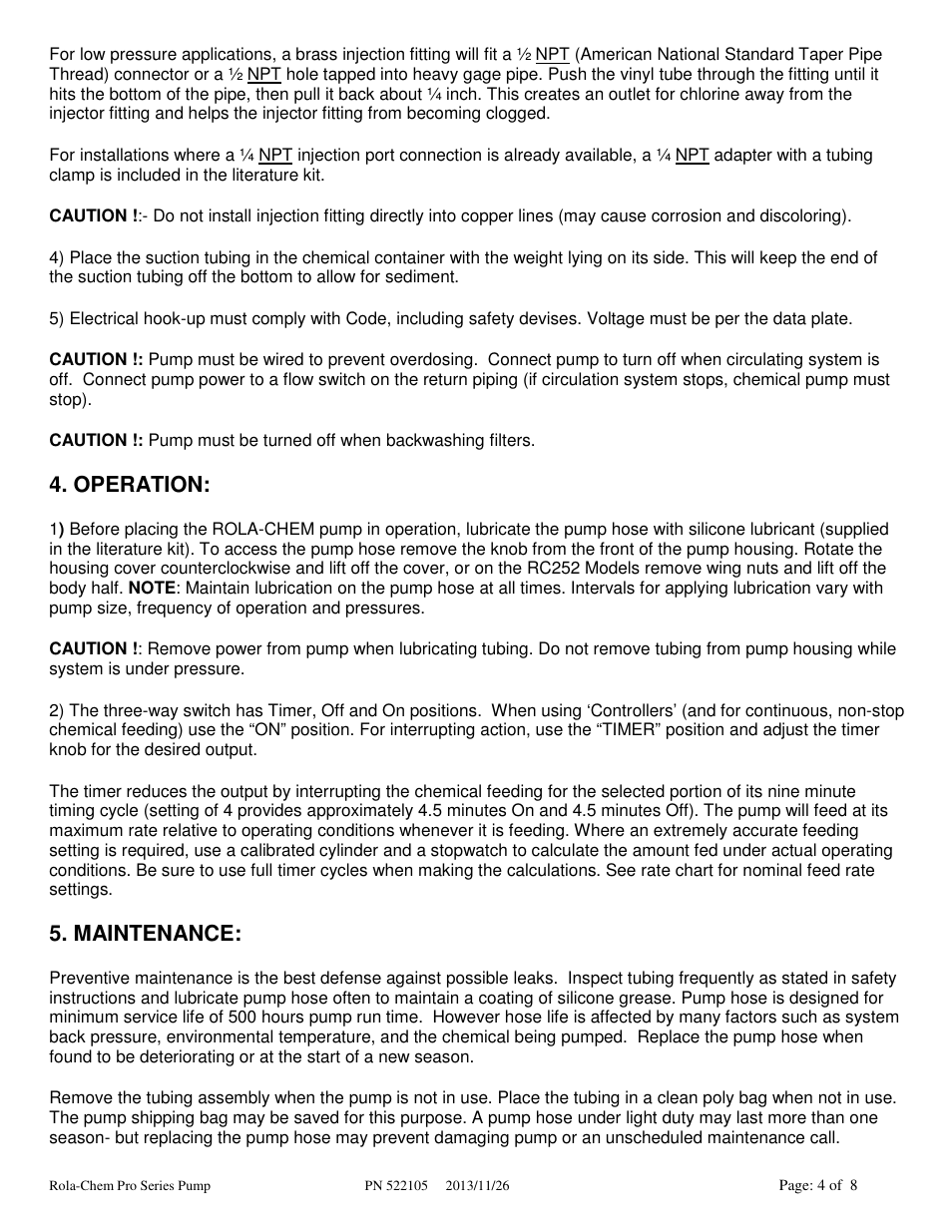 Operation, Maintenance | Rola-Chem Pro Series Pump User Manual | Page 4 / 8